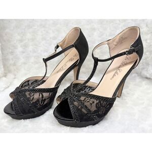 De Blossom Collection Womens Size 10 Black Lace Glitter T-Strap Platform Heels